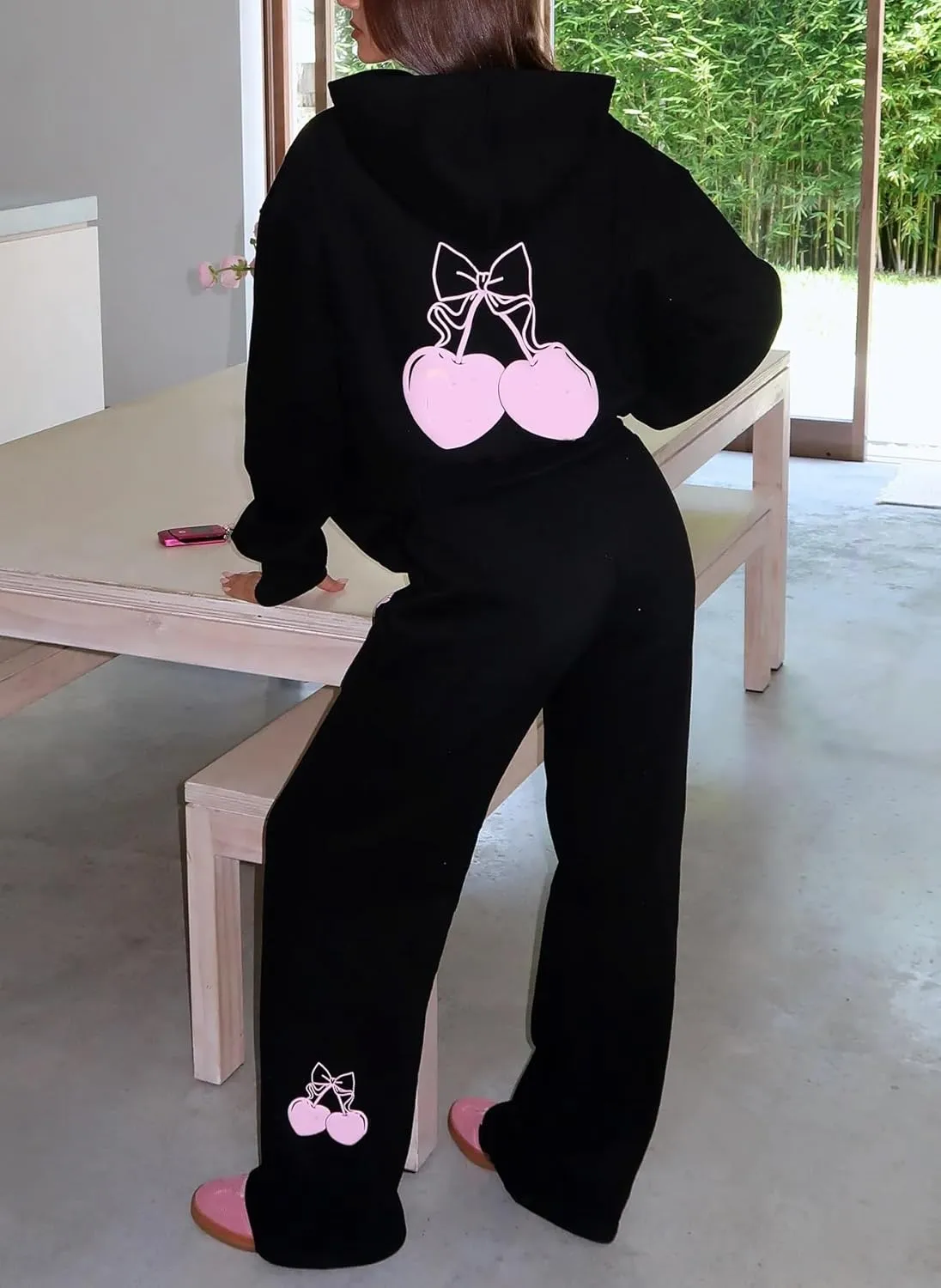 Aonoapll Bow Hoodie Sweatsuit Set for Women Oversized Hooded Sweatshirt Sweatpants Bow Print Matching 2 Piece Sweat Sets