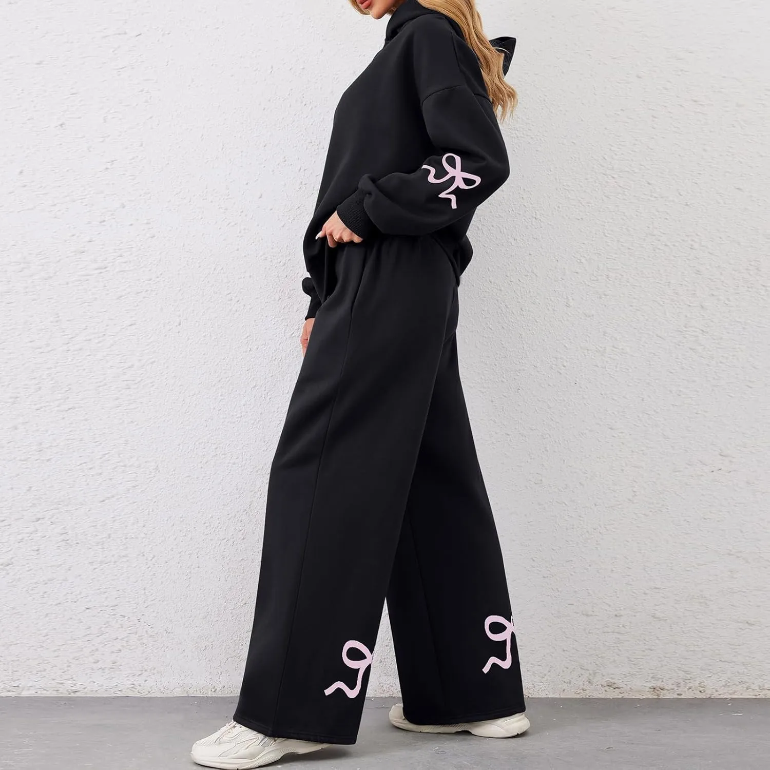 Aonoapll Bow Hoodie Sweatsuit Set for Women Oversized Hooded Sweatshirt Sweatpants Bow Print Matching 2 Piece Sweat Sets