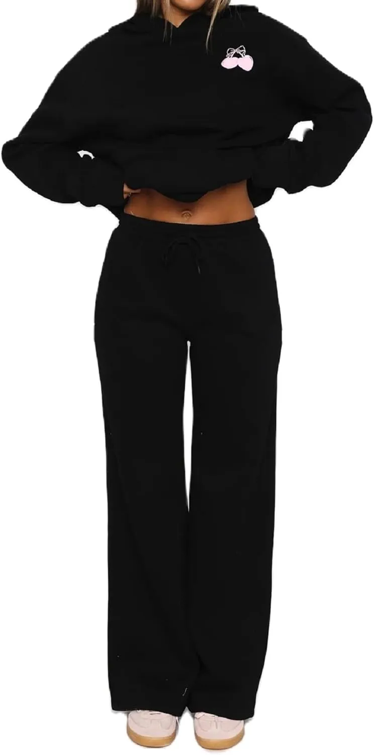 Aonoapll Bow Hoodie Sweatsuit Set for Women Oversized Hooded Sweatshirt Sweatpants Bow Print Matching 2 Piece Sweat Sets