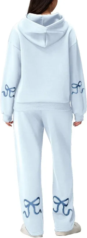 Aonoapll Bow Hoodie Sweatsuit Set for Women Oversized Hooded Sweatshirt Sweatpants Bow Print Matching 2 Piece Sweat Sets