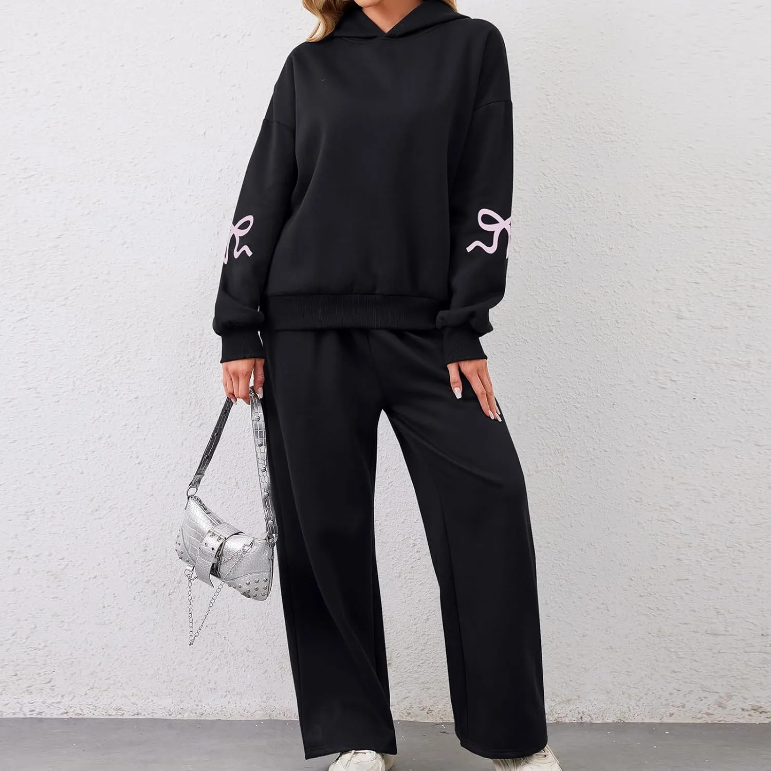 Aonoapll Bow Hoodie Sweatsuit Set for Women Oversized Hooded Sweatshirt Sweatpants Bow Print Matching 2 Piece Sweat Sets