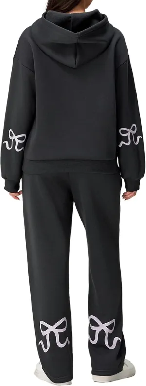 Aonoapll Bow Hoodie Sweatsuit Set for Women Oversized Hooded Sweatshirt Sweatpants Bow Print Matching 2 Piece Sweat Sets