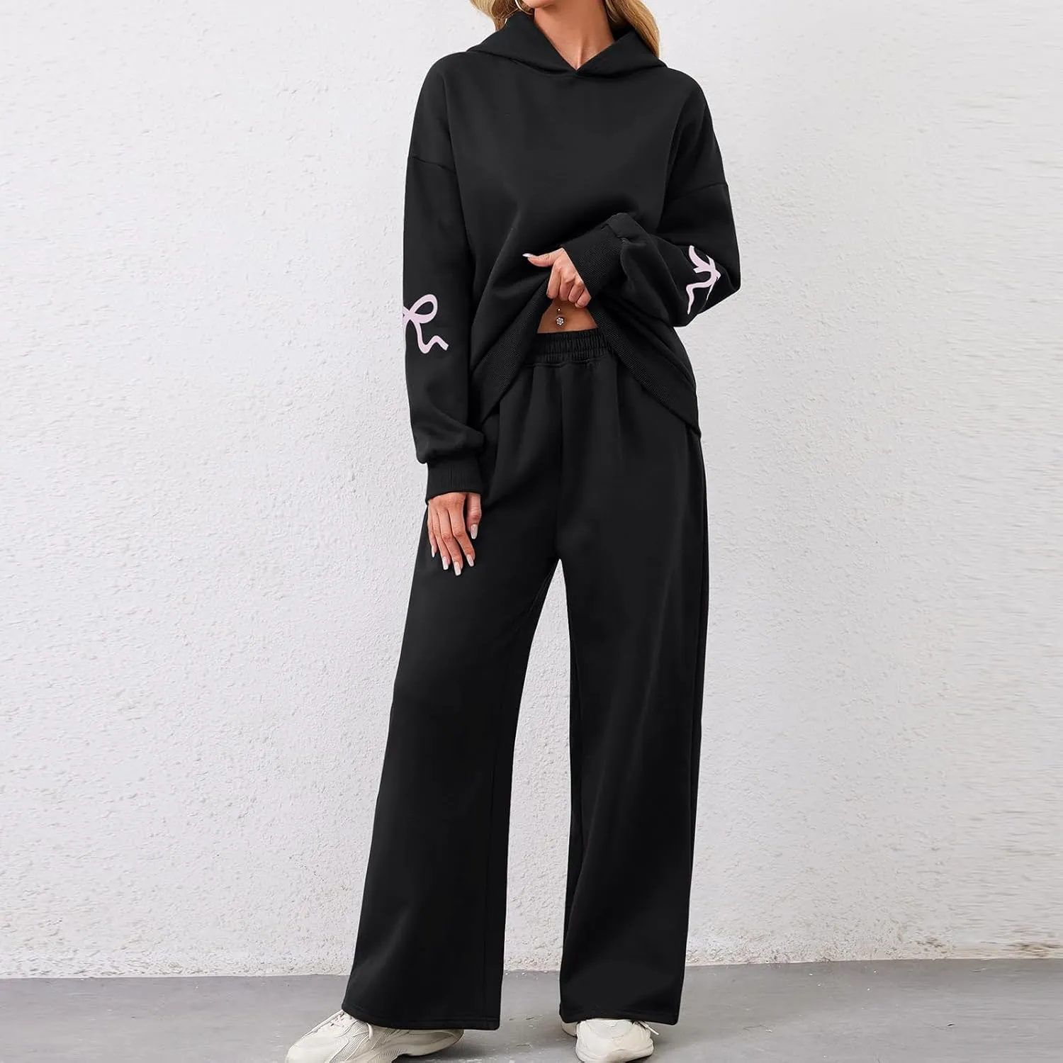 Aonoapll Bow Hoodie Sweatsuit Set for Women Oversized Hooded Sweatshirt Sweatpants Bow Print Matching 2 Piece Sweat Sets
