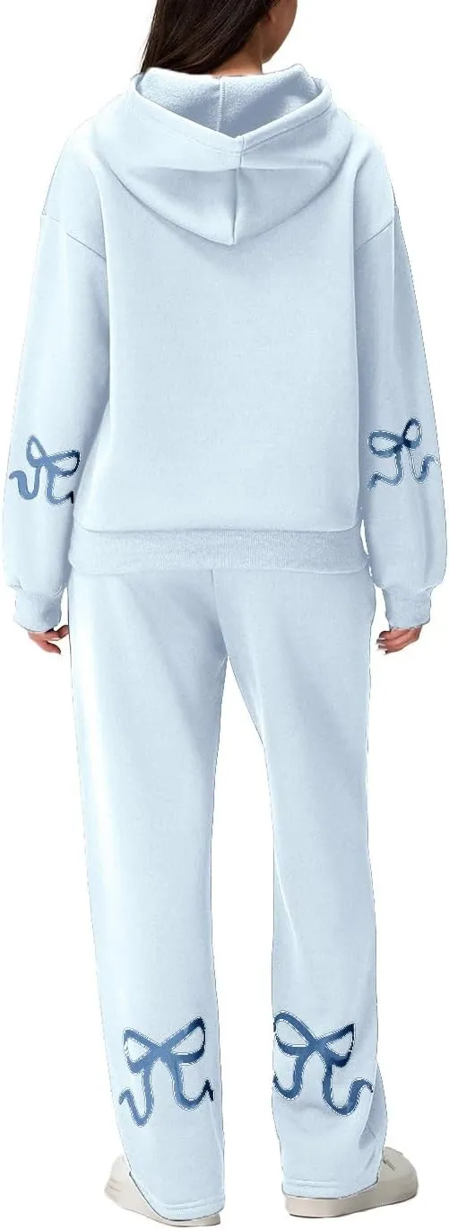 Aonoapll Bow Hoodie Sweatsuit Set for Women Oversized Hooded Sweatshirt Sweatpants Bow Print Matching 2 Piece Sweat Sets