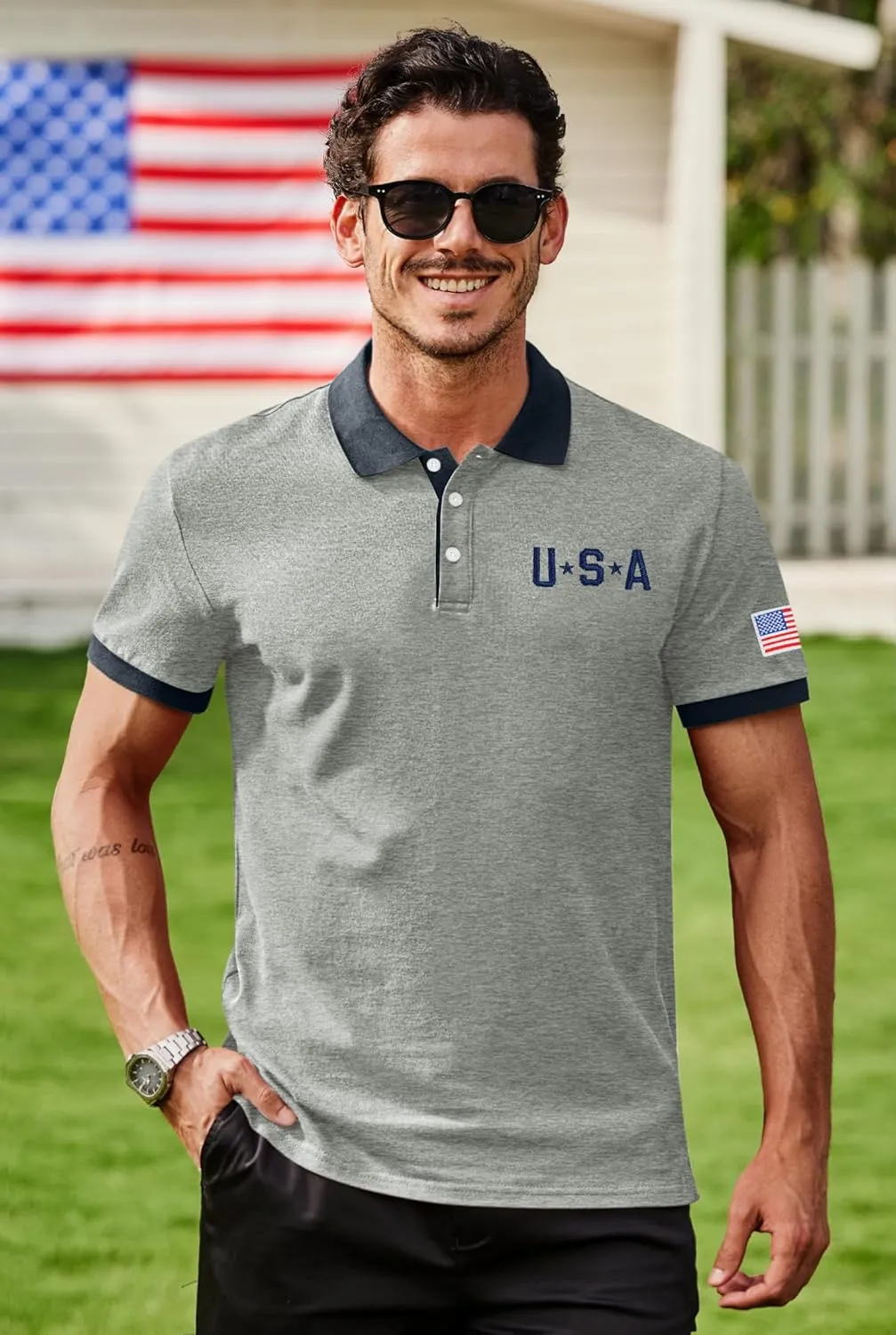 Arvilhill Men's American Flag Polo Shirts Patriotic Golf Polos 1776 Cotton Pique Tee Tops (S-3XL)