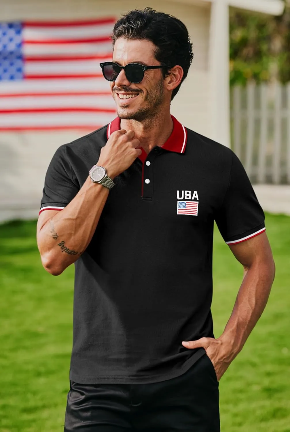 Arvilhill Men's American Flag Polo Shirts Patriotic Golf Polos 1776 Cotton Pique Tee Tops (S-3XL)