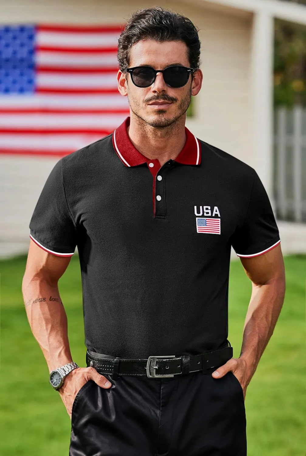 Arvilhill Men's American Flag Polo Shirts Patriotic Golf Polos 1776 Cotton Pique Tee Tops (S-3XL)