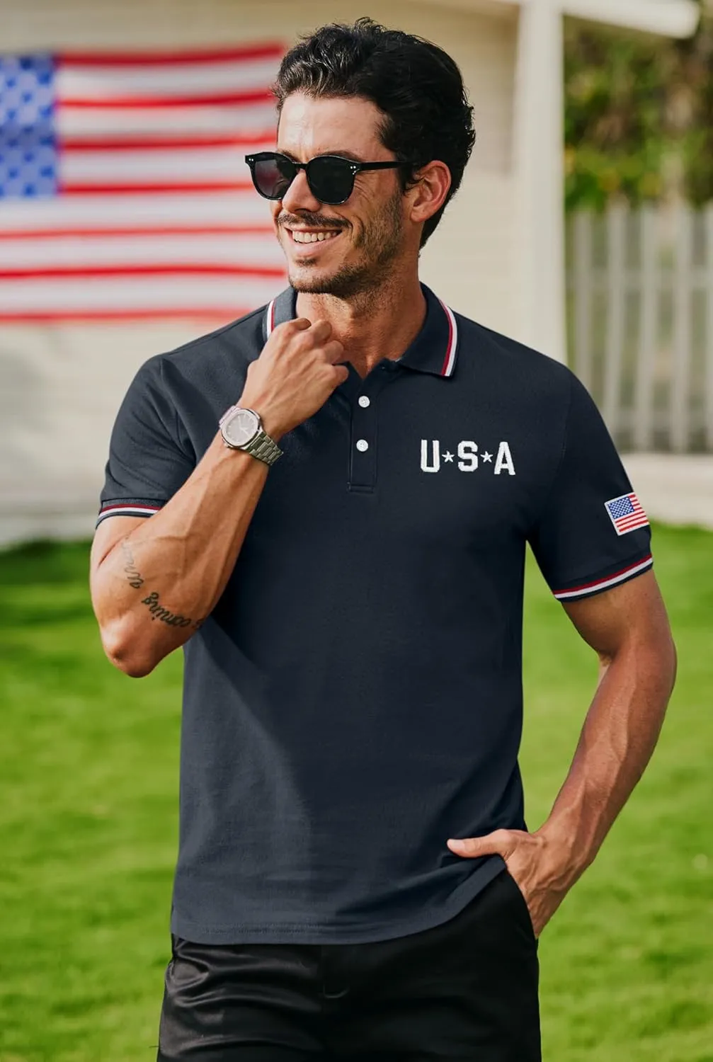 Arvilhill Men's American Flag Polo Shirts Patriotic Golf Polos 1776 Cotton Pique Tee Tops (S-3XL)