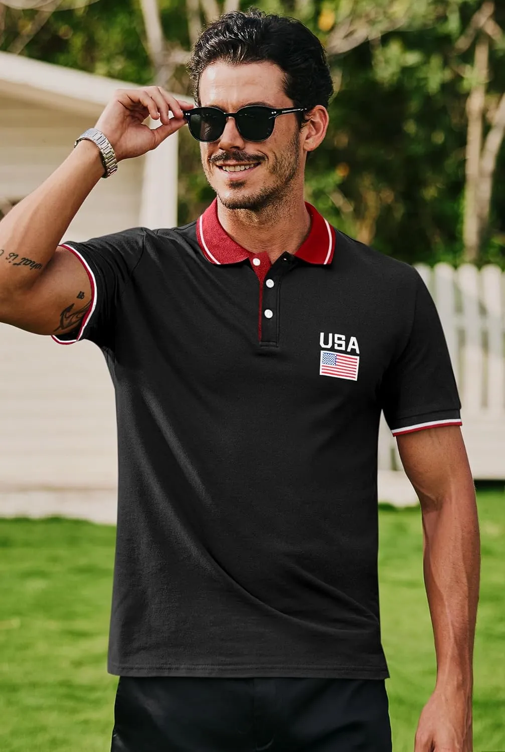 Arvilhill Men's American Flag Polo Shirts Patriotic Golf Polos 1776 Cotton Pique Tee Tops (S-3XL)