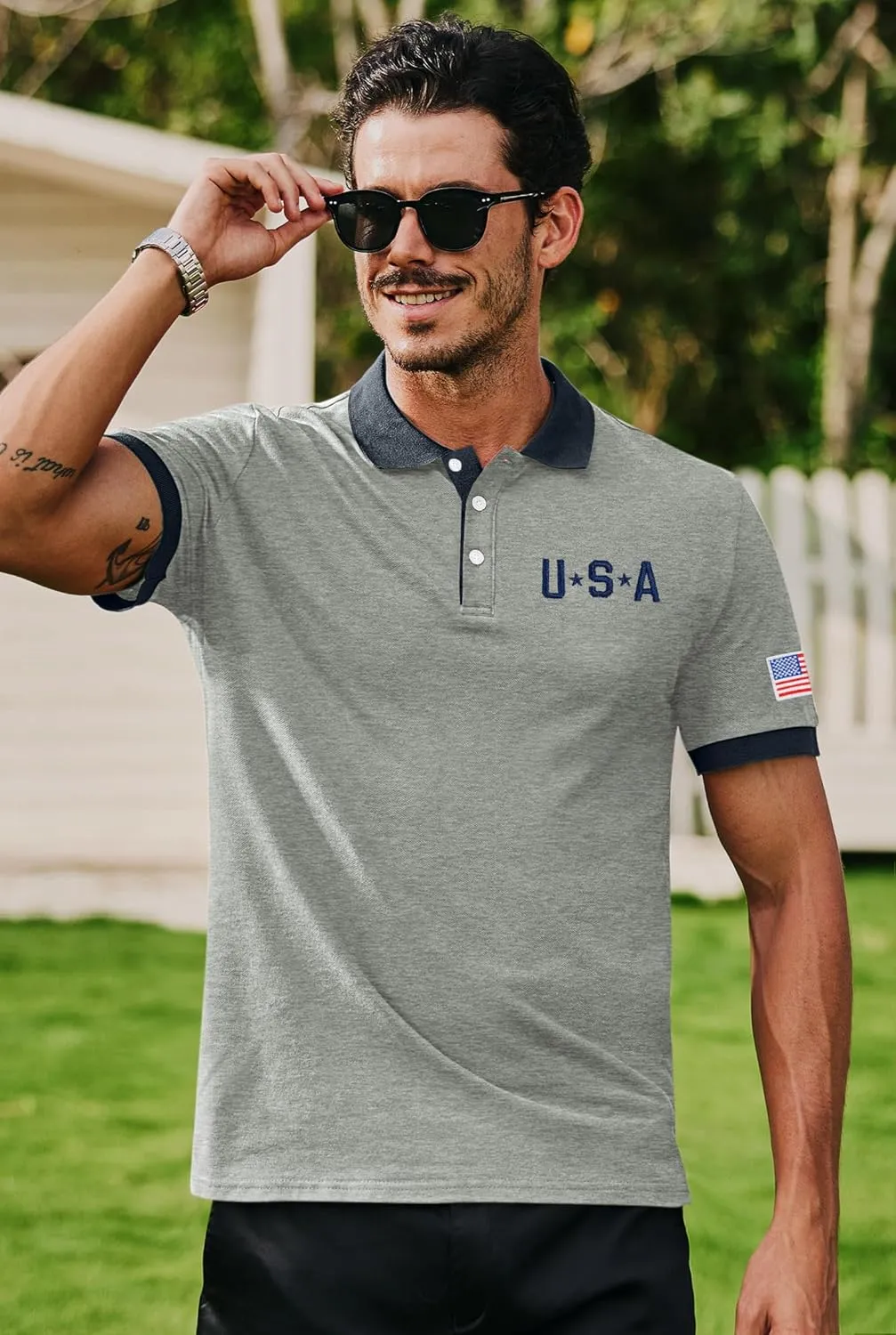 Arvilhill Men's American Flag Polo Shirts Patriotic Golf Polos 1776 Cotton Pique Tee Tops (S-3XL)