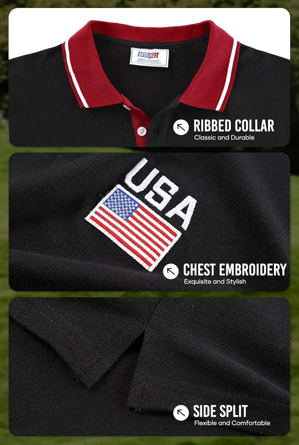 Arvilhill Men's American Flag Polo Shirts Patriotic Golf Polos 1776 Cotton Pique Tee Tops (S-3XL)