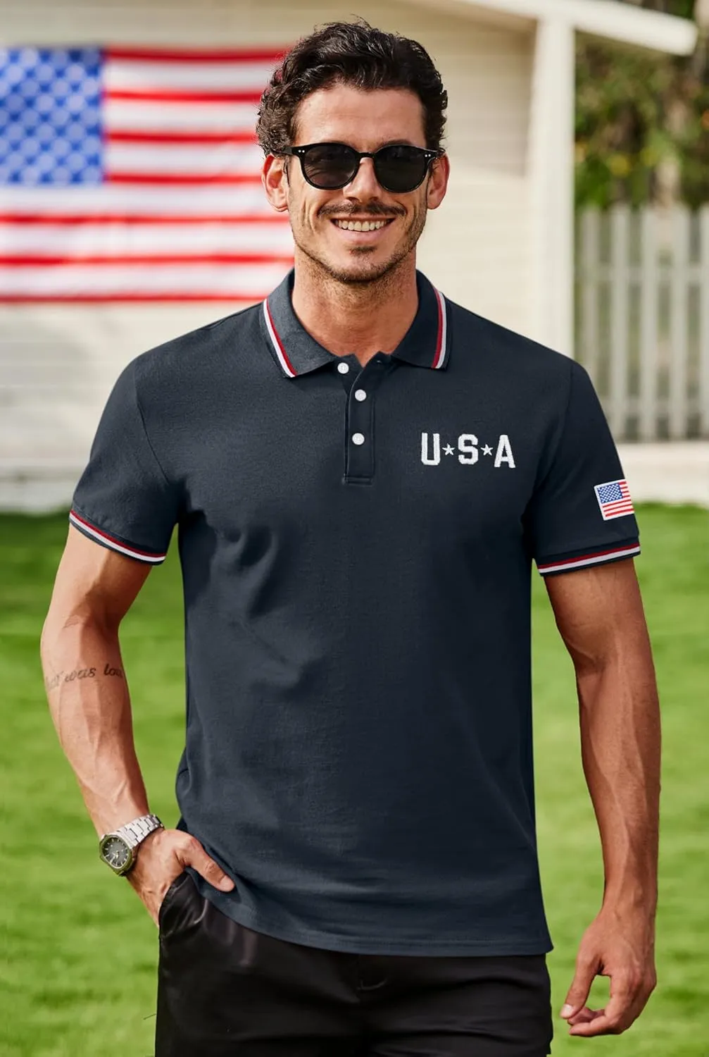 Arvilhill Men's American Flag Polo Shirts Patriotic Golf Polos 1776 Cotton Pique Tee Tops (S-3XL)