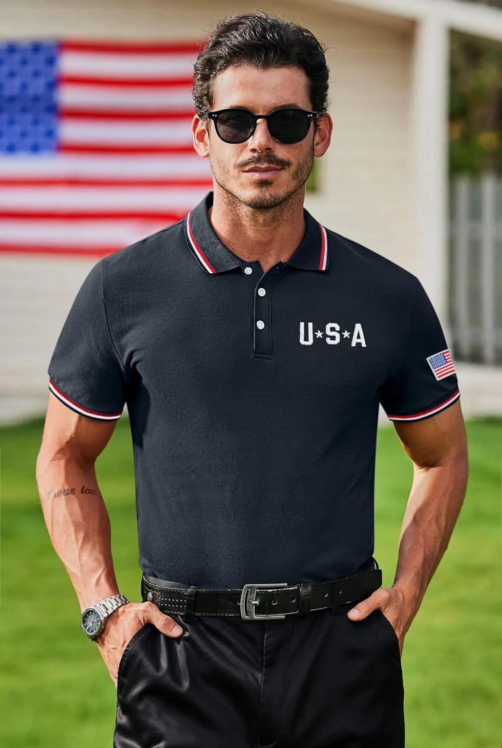 Arvilhill Men's American Flag Polo Shirts Patriotic Golf Polos 1776 Cotton Pique Tee Tops (S-3XL)