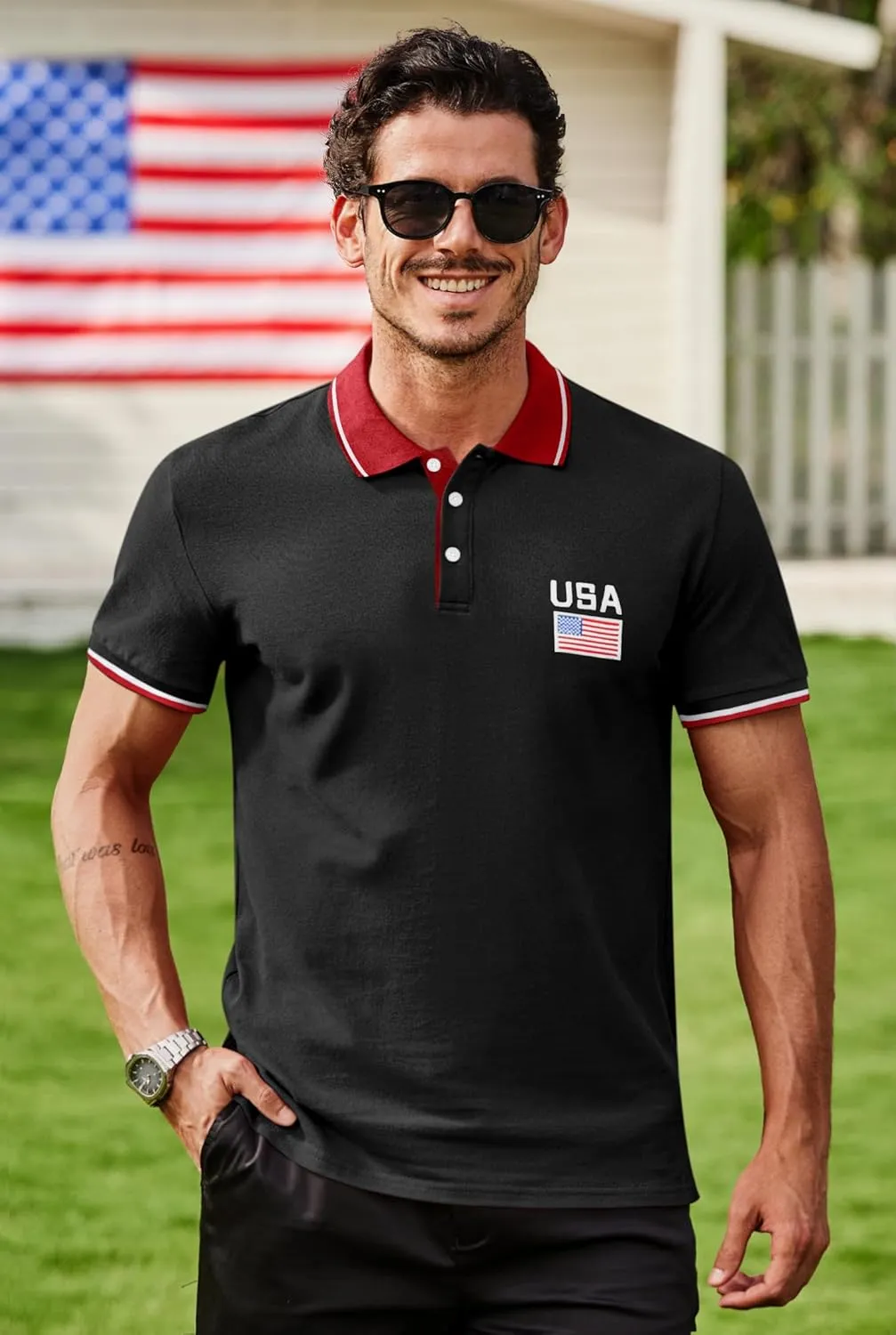 Arvilhill Men's American Flag Polo Shirts Patriotic Golf Polos 1776 Cotton Pique Tee Tops (S-3XL)