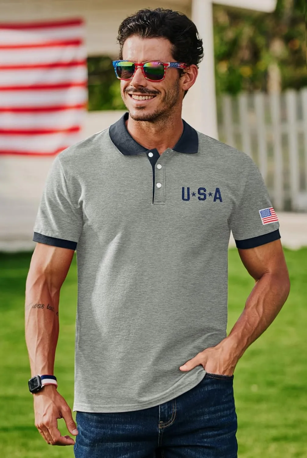 Arvilhill Men's American Flag Polo Shirts Patriotic Golf Polos 1776 Cotton Pique Tee Tops (S-3XL)