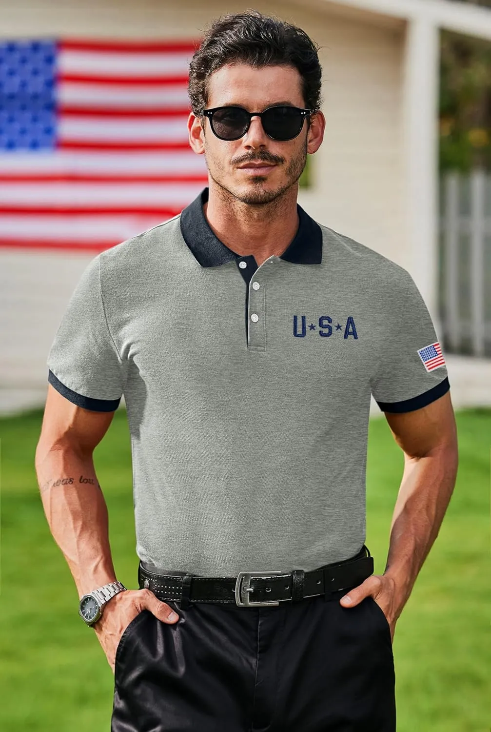 Arvilhill Men's American Flag Polo Shirts Patriotic Golf Polos 1776 Cotton Pique Tee Tops (S-3XL)