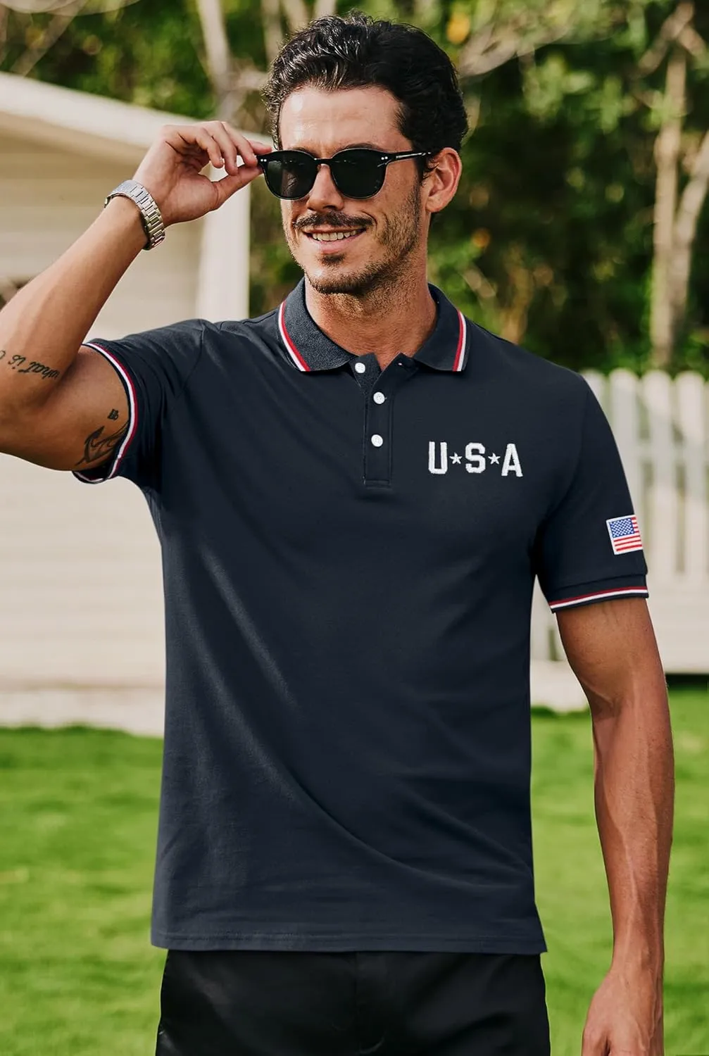 Arvilhill Men's American Flag Polo Shirts Patriotic Golf Polos 1776 Cotton Pique Tee Tops (S-3XL)