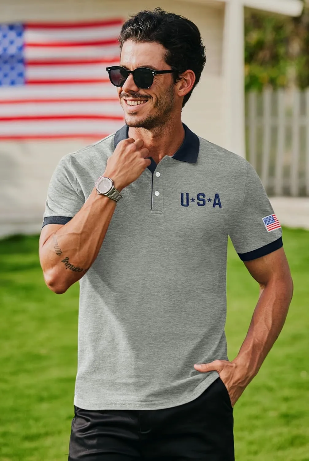 Arvilhill Men's American Flag Polo Shirts Patriotic Golf Polos 1776 Cotton Pique Tee Tops (S-3XL)