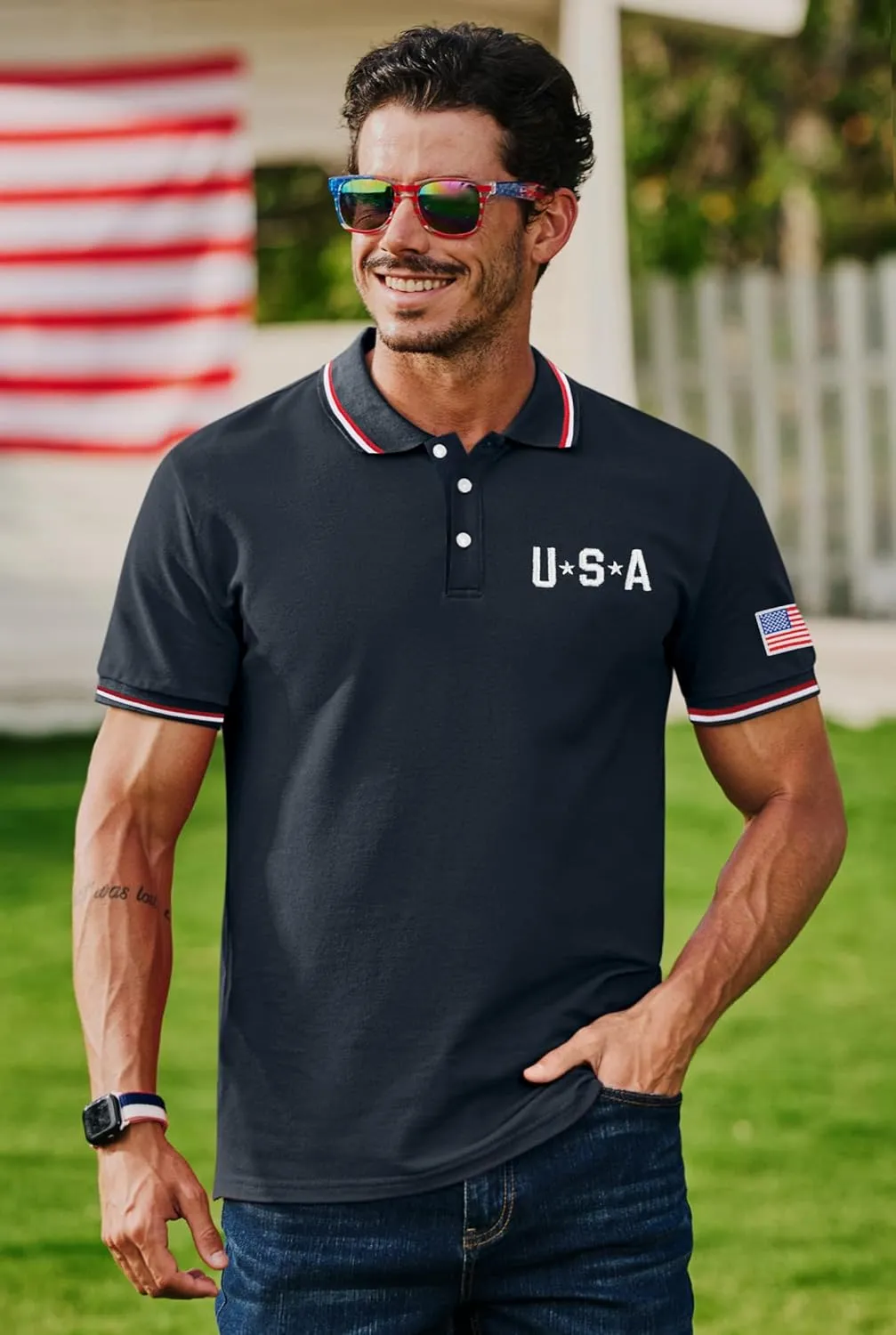 Arvilhill Men's American Flag Polo Shirts Patriotic Golf Polos 1776 Cotton Pique Tee Tops (S-3XL)