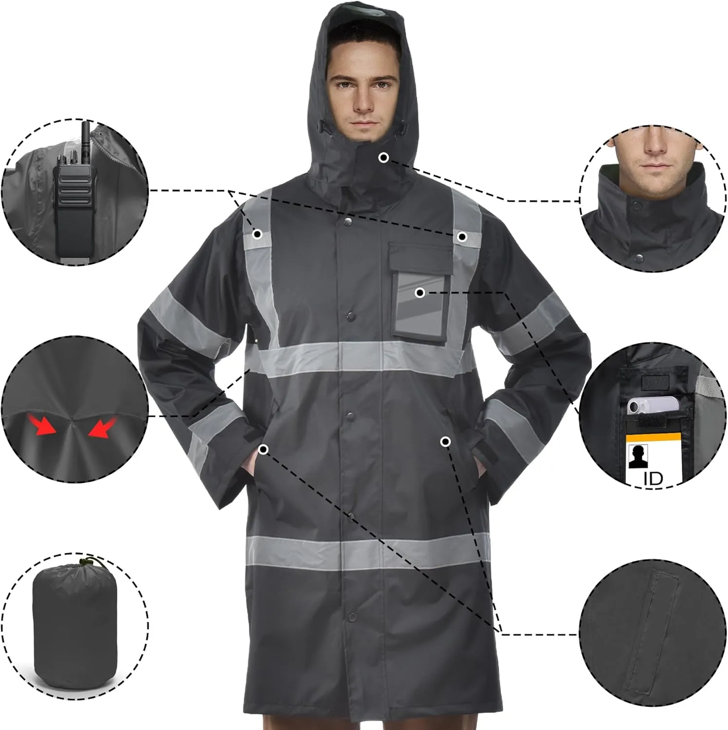 AYKRM HIGH VIS Reflective Rain Jacket security Hi Vis Rain Suits Waterproof Heavy Duty Long Rain Coats Safety Rain Gear