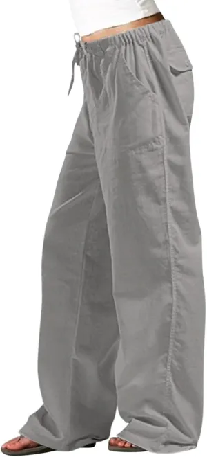 Baggy Linen Pants Women Plus Size 5XL Drawstring Elastic Palazzo Pants Summer Wide Leg Beach Trousers with Pockets