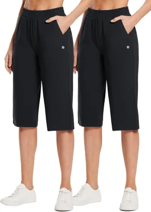 baleaf Women's 15"/17" Cotton Long Shorts Below The Knee with Pockets Drawstring Walking Bermuda Shorts Yoga Capri Pants