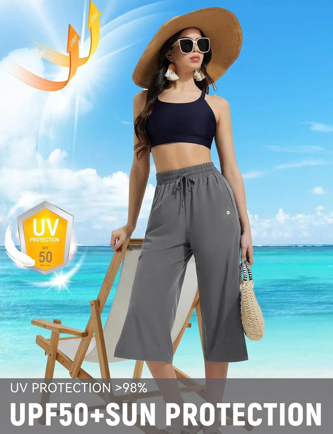 baleaf Women's Capri Pants Wide Leg Quick Dry Lightweight Capris UPF50  Casual Sweatpants Swim Pants