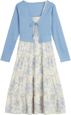 Beautees Girls' Sleeveless Smocked Tiered Maxi Dress and Cardigan