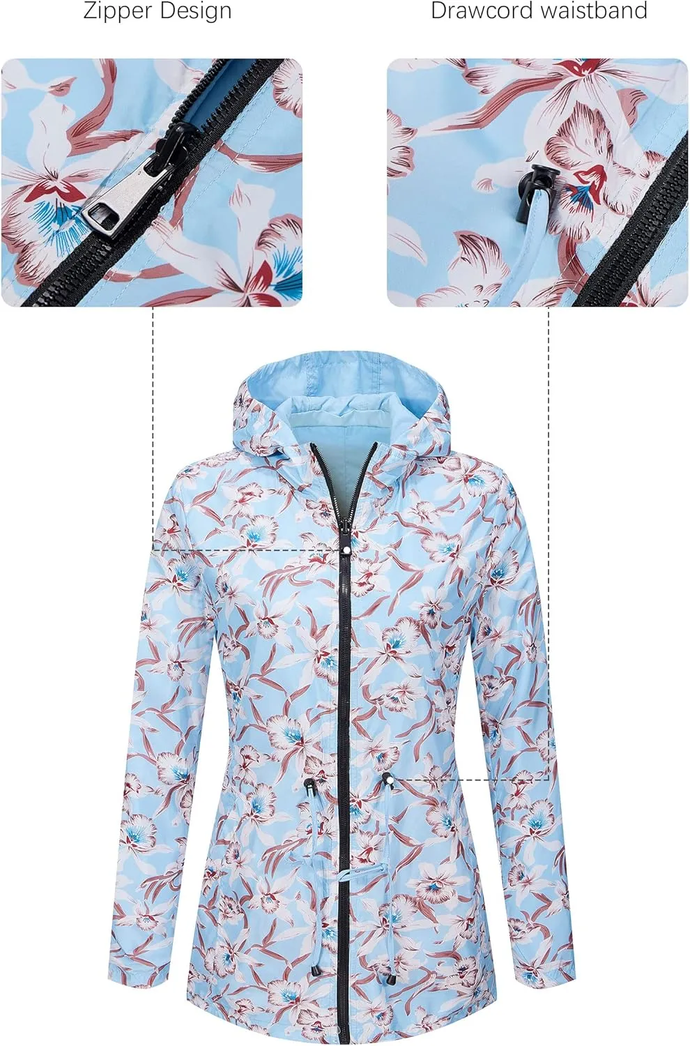 Bellivera Women Reversible Lightweight Jacket Casual Windbreaker Outerwear Waterproof Outdoor Printed Raincoat