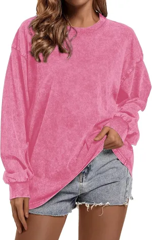 BINTEHGS Crewneck Oversized Sweatshirt for Women Loose Fit Long Sleeve Shirts Vintage Acid Wash Tshirt Basic Solid Color Tee