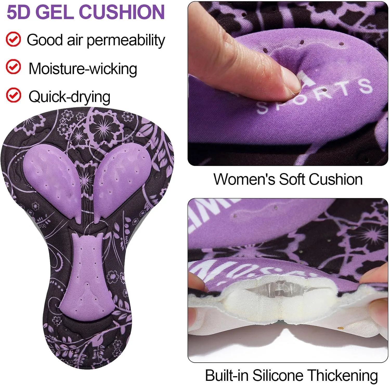 Black Cycling Shorts Women Padded Gel 5D Bicycle Underwear Shorts Breathable Bike Ladies Cycling Skirt Anti-Slip with Pockets