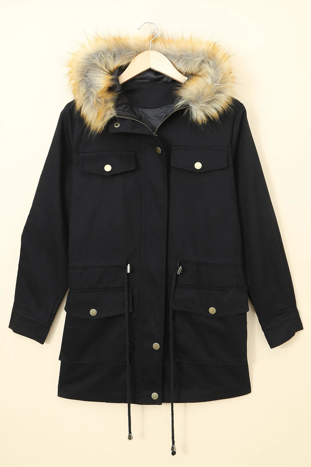 Black Zipper Snaps Pocket Plush Hooded Parka Jacket