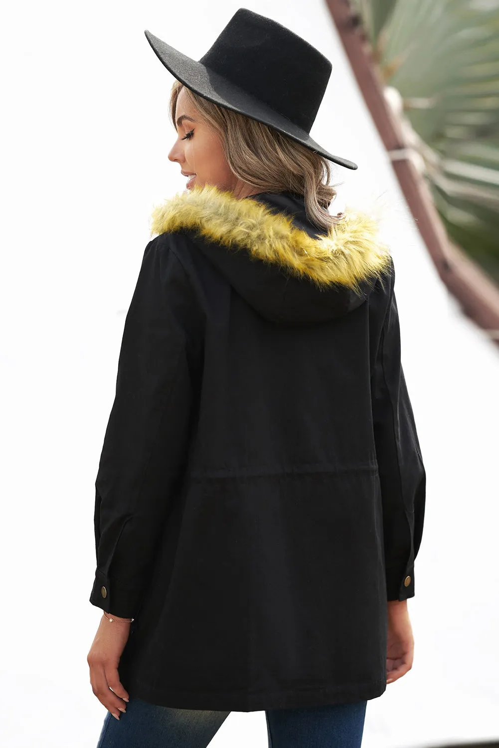 Black Zipper Snaps Pocket Plush Hooded Parka Jacket