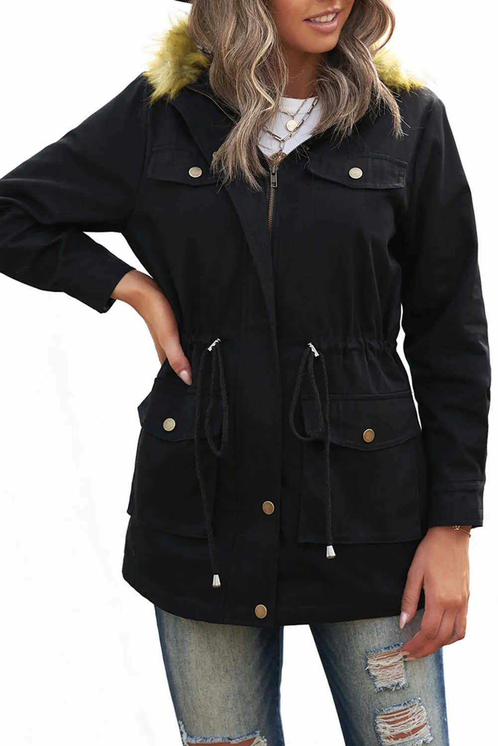 Black Zipper Snaps Pocket Plush Hooded Parka Jacket