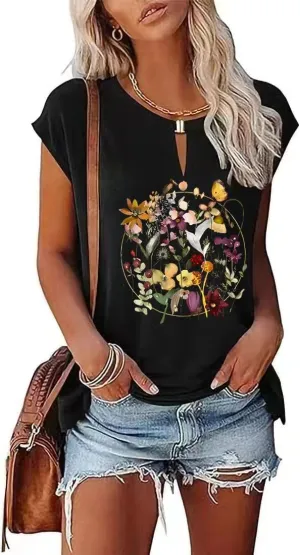 Boho Floral Wildflowers Graphic Tee for Women Vintage Flowers Cap Sleeve Loose Fite Blouses Tunic Summer Fall Shirt