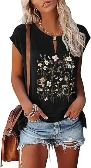 Boho Floral Wildflowers Graphic Tee for Women Vintage Flowers Cap Sleeve Loose Fite Blouses Tunic Summer Fall Shirt