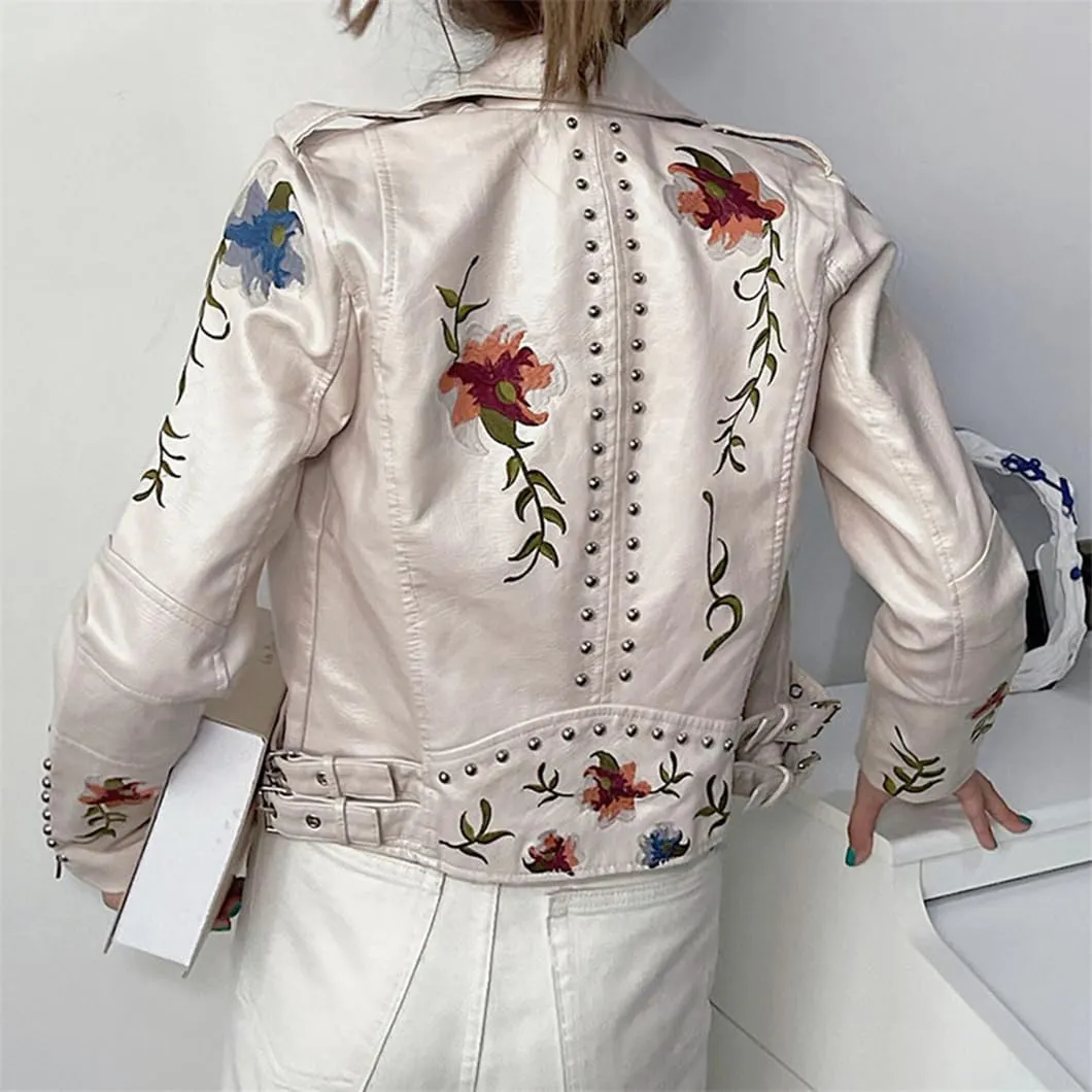 Bollrllr Ladies Vintage Faux Leather Jacket Rivet Studded Embroidery Biker Jacket Black Cropped PU Jacket