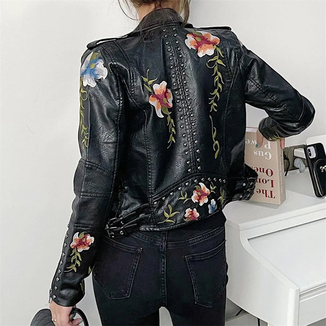 Bollrllr Ladies Vintage Faux Leather Jacket Rivet Studded Embroidery Biker Jacket Black Cropped PU Jacket