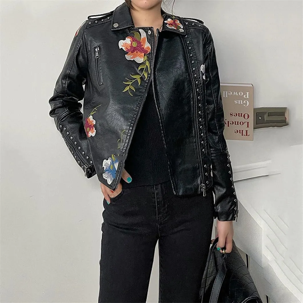 Bollrllr Ladies Vintage Faux Leather Jacket Rivet Studded Embroidery Biker Jacket Black Cropped PU Jacket