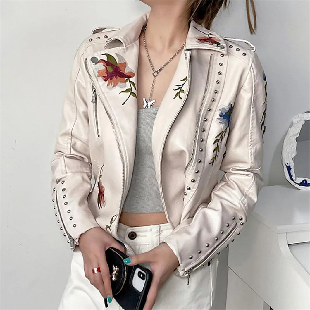 Bollrllr Ladies Vintage Faux Leather Jacket Rivet Studded Embroidery Biker Jacket Black Cropped PU Jacket