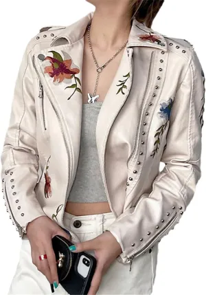 Bollrllr Ladies Vintage Faux Leather Jacket Rivet Studded Embroidery Biker Jacket Black Cropped PU Jacket