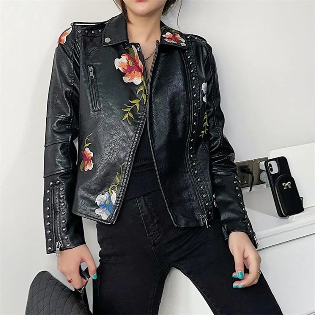 Bollrllr Ladies Vintage Faux Leather Jacket Rivet Studded Embroidery Biker Jacket Black Cropped PU Jacket