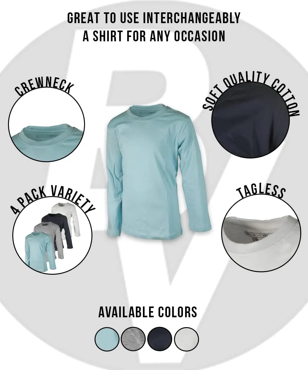 BROOKLYN VERTICAL Boys 4 Pack Long Sleeve Soft Cotton Tagless Crew Neck Tee Shirts| Sizes 2T to 18/20