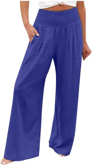 BZGTZT Linen Pants for Women Wide Leg Casual Summer Elastic High Waisted Palazzo Pant Baggy Flowy Beach Trousers with Pocket