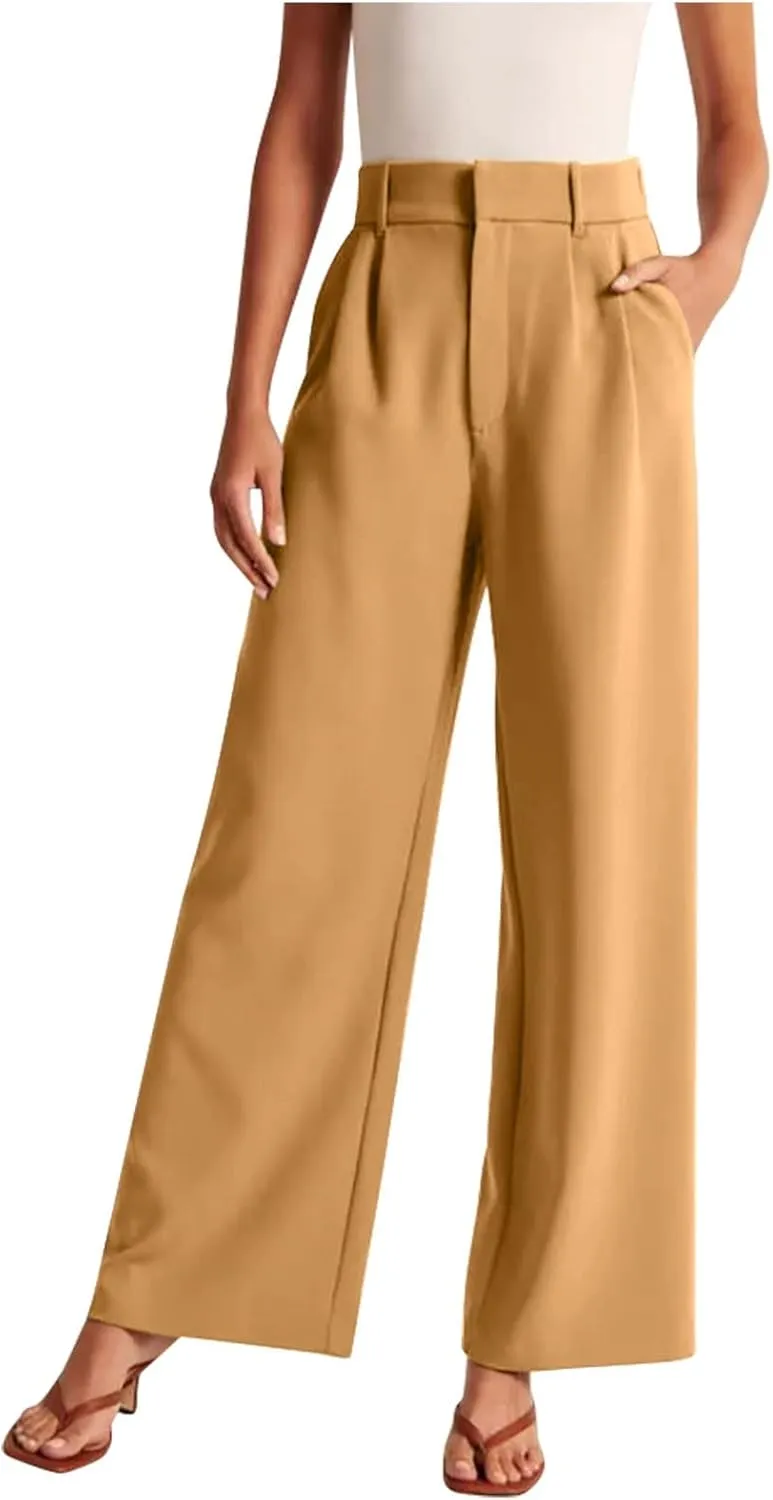 BZGTZT Women's Plus Size Suit Pant Wide Leg Pants Elastic High Waist Lightweight Business Trousers Long Straight Dress Pants