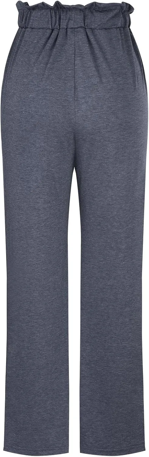 BZGTZT Women's Summer Linen Pants Casual Loose Fit Drawstring Ruffle High Waist Straight-Legs Pants Trousers with Pockets
