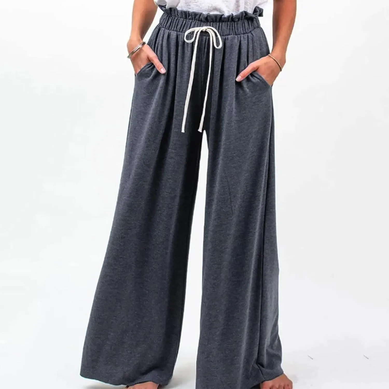 BZGTZT Women's Summer Linen Pants Casual Loose Fit Drawstring Ruffle High Waist Straight-Legs Pants Trousers with Pockets
