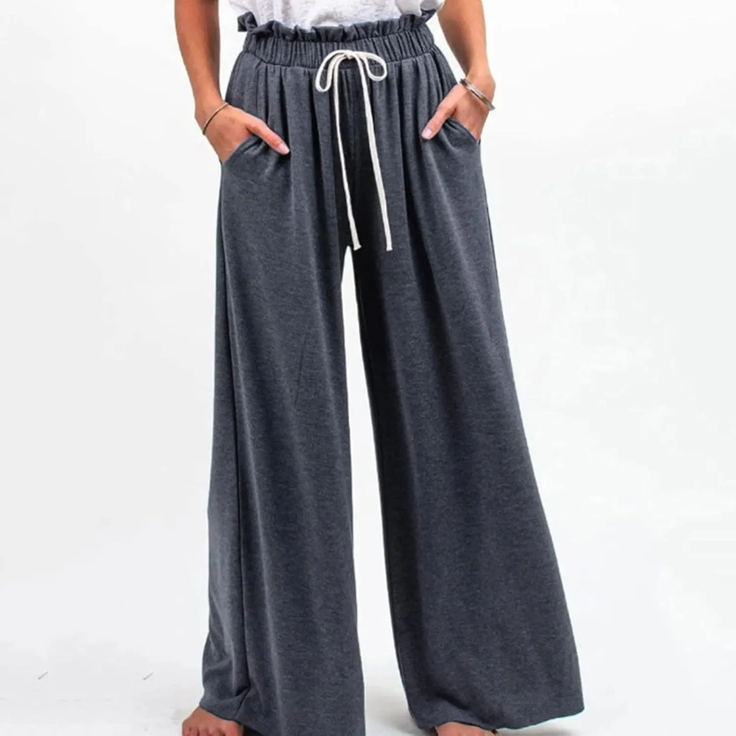 BZGTZT Women's Summer Linen Pants Casual Loose Fit Drawstring Ruffle High Waist Straight-Legs Pants Trousers with Pockets