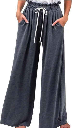 BZGTZT Women's Summer Linen Pants Casual Loose Fit Drawstring Ruffle High Waist Straight-Legs Pants Trousers with Pockets