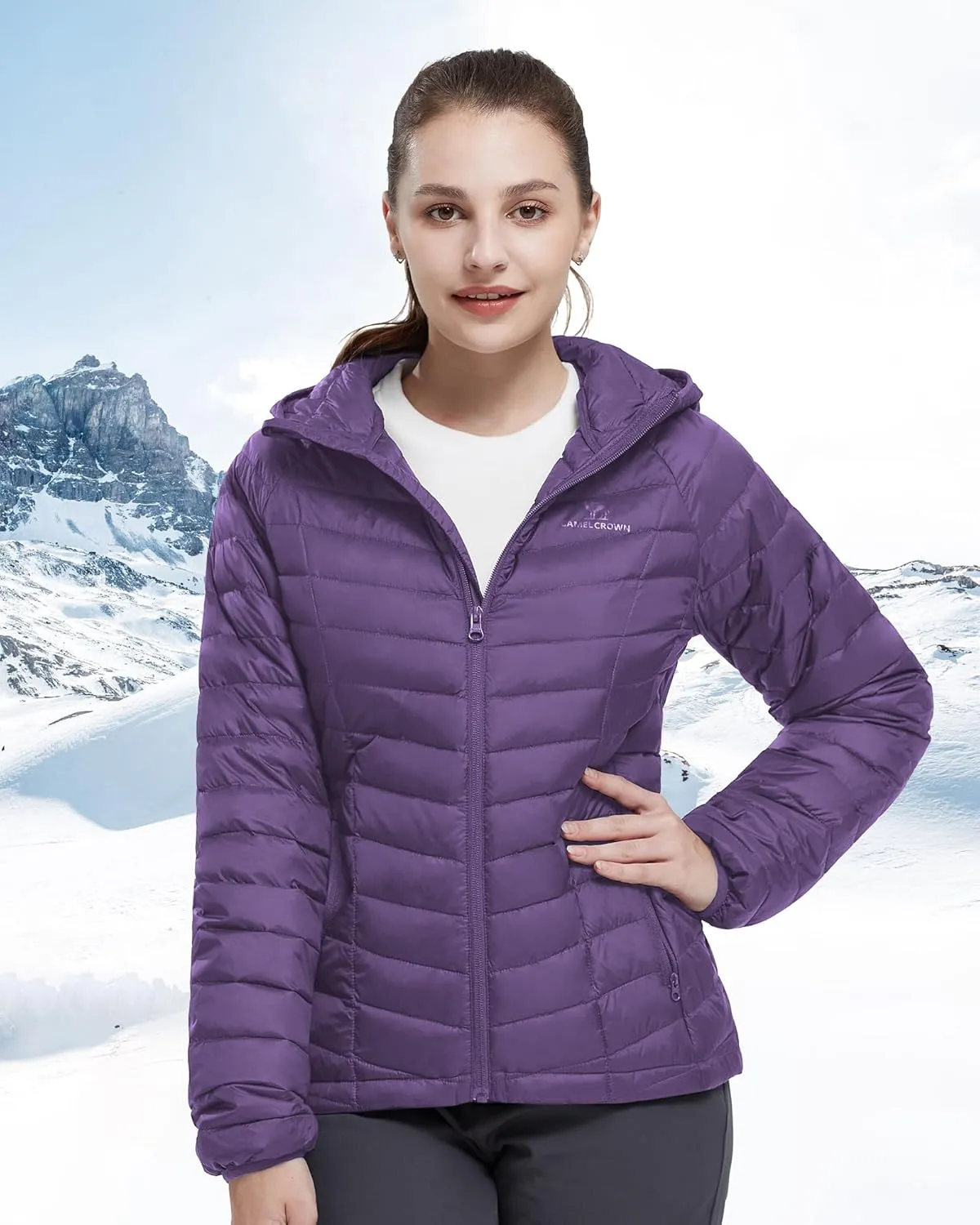 CAMELSPORTS Women's Down Jacket Hooded Winter Light Weight Short Puffer Coats Packable Warm Windproof Ladies Parka